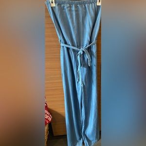 Strapless cinched waist denim jumpsuit